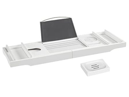 Songmics Bandeja para Bañera de Bambú, Puente de Bañera Extensible con Ranura para Tazas, Tableta, Teléfono y Jabón, (75-109) x 23 x 4,5 cm, Blanco BCB088W01 Reacondicionado Online